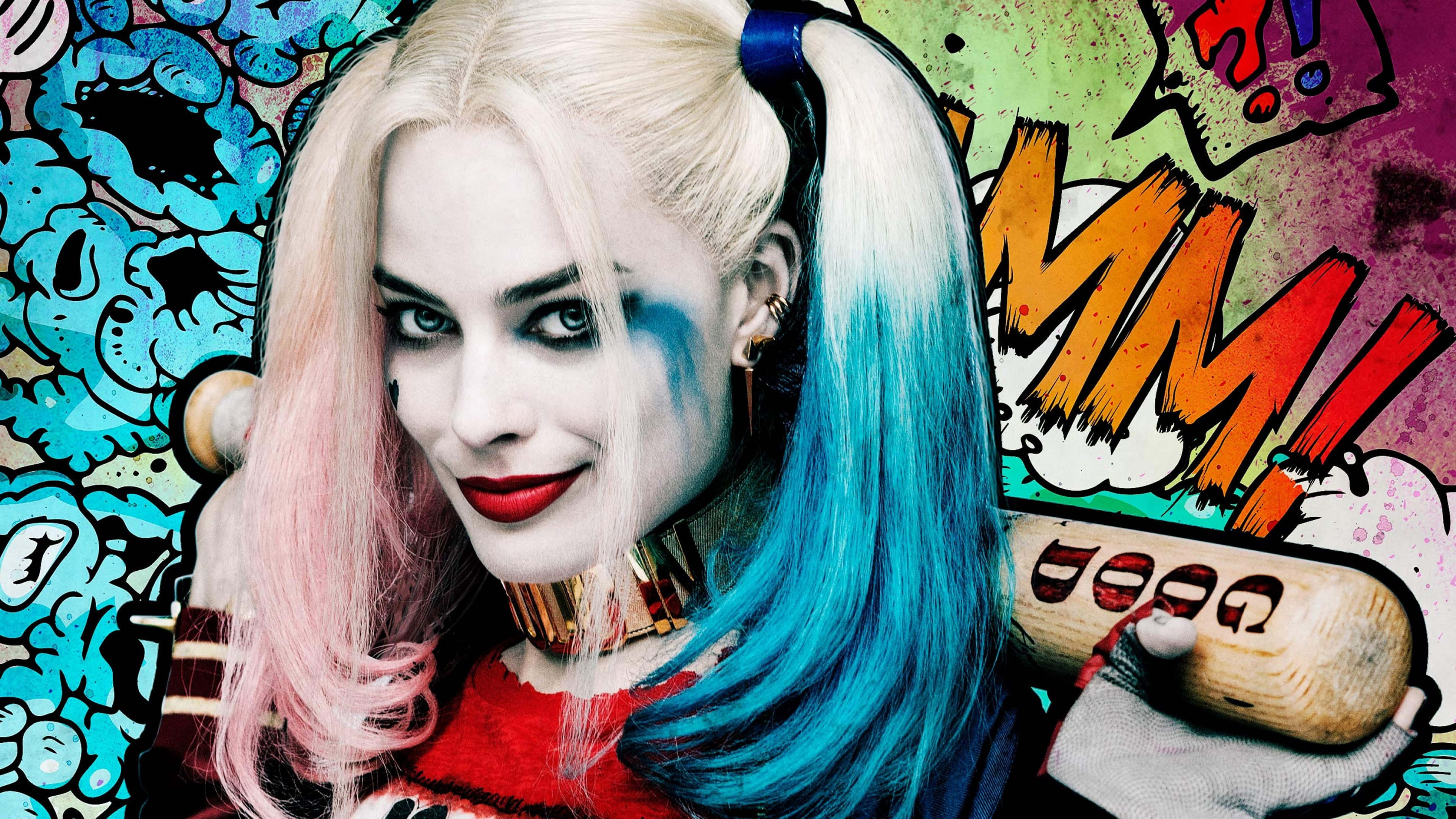 Margot Robbie Harley Quinn, pink and blue hair, baseball bat, 4K Desktop Wallpaper