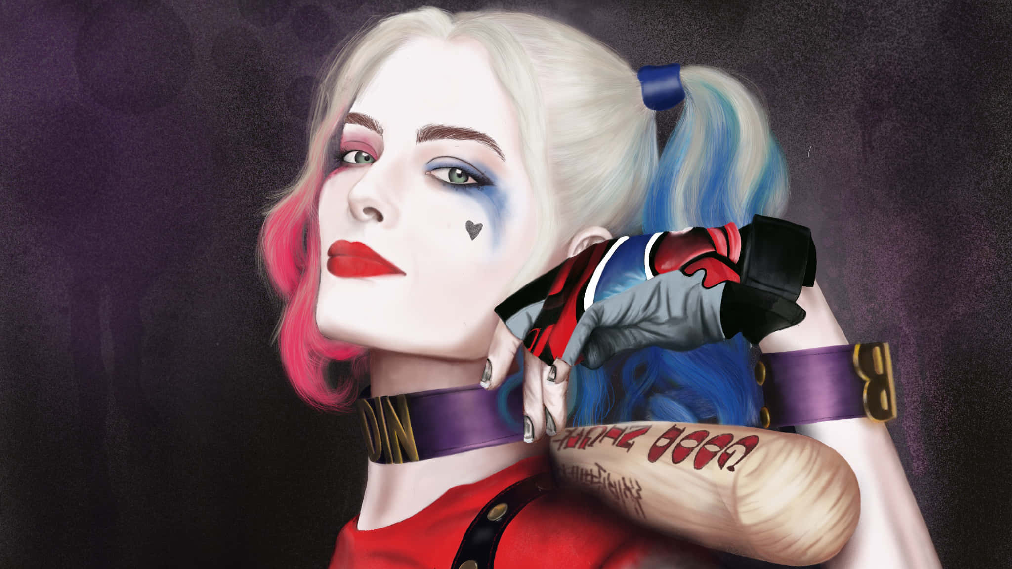Harley Quinn, pink and blue pigtails, tattooed arm, Full HD Desktop Wallpaper
