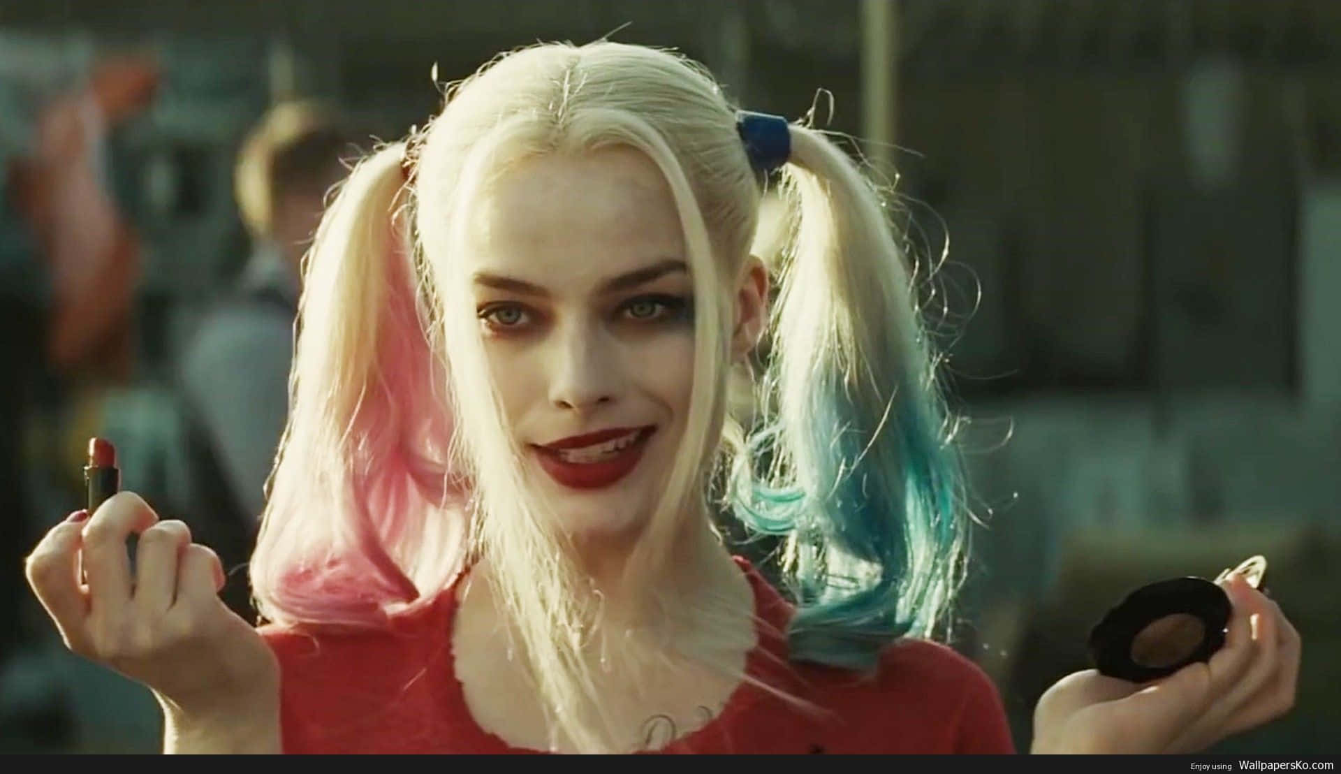 Margot Robbie, Harley Quinn, pink and blue pigtails, Full HD Desktop Wallpaper