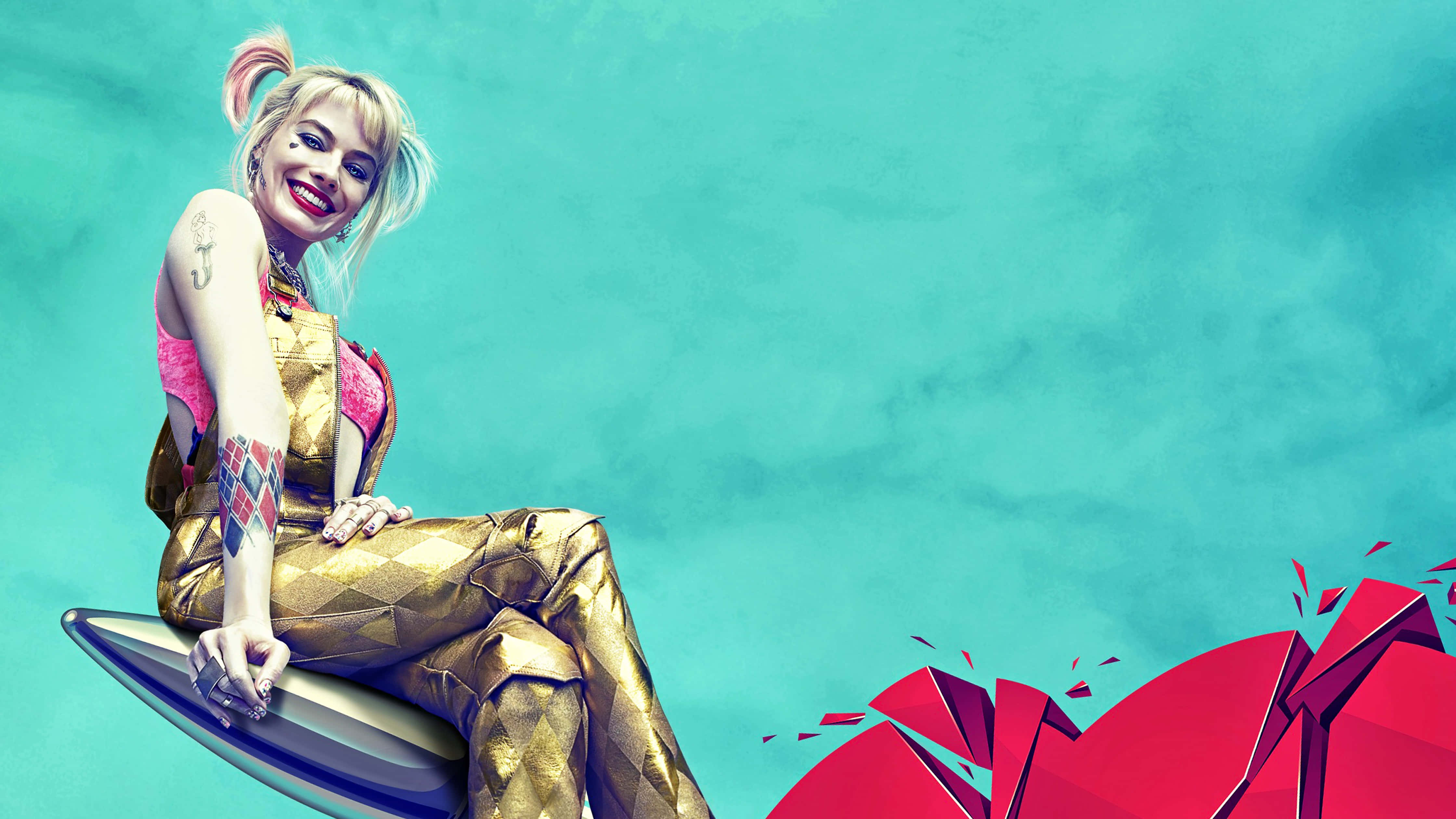 Margot Robbie, Harley Quinn, gold diamond-patterned jumpsuit, 4K Desktop Wallpaper