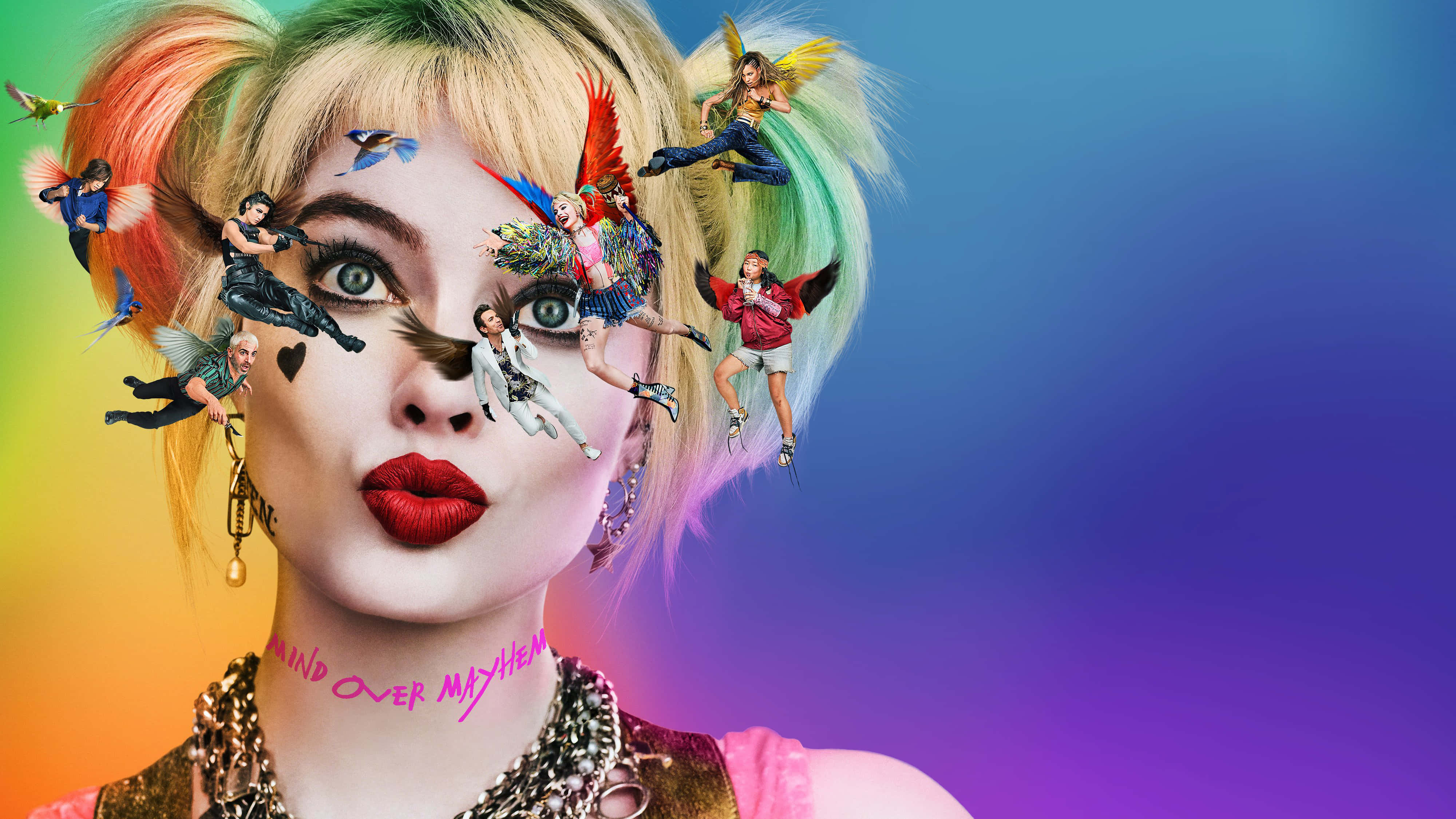 Margot Robbie Harley Quinn, rainbow hair, bold red lips, 4K Desktop Wallpaper