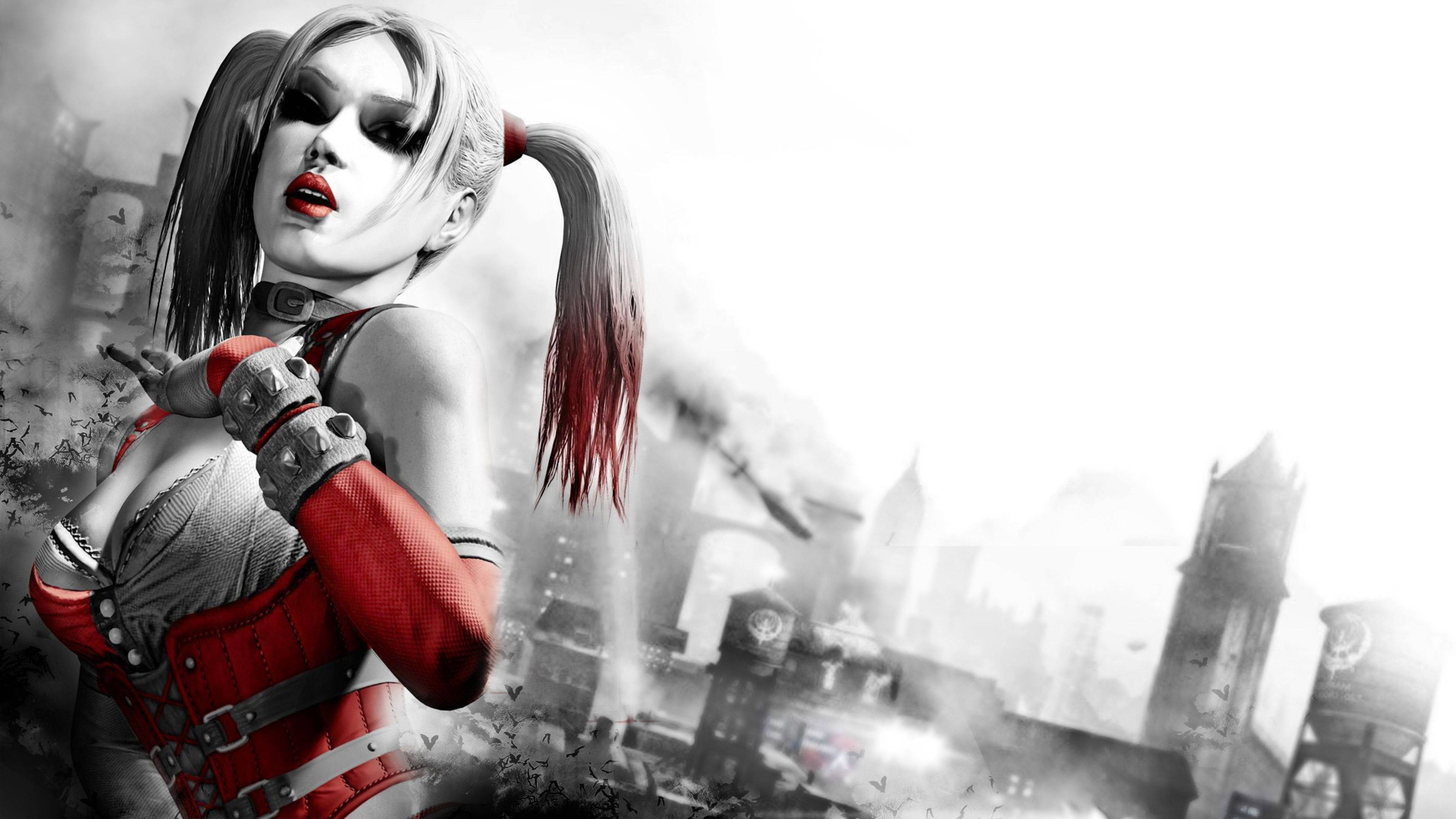 Harley Quinn, fiery and rebellious leading lady, gritty monochrome cityscape, 4K Desktop Wallpaper