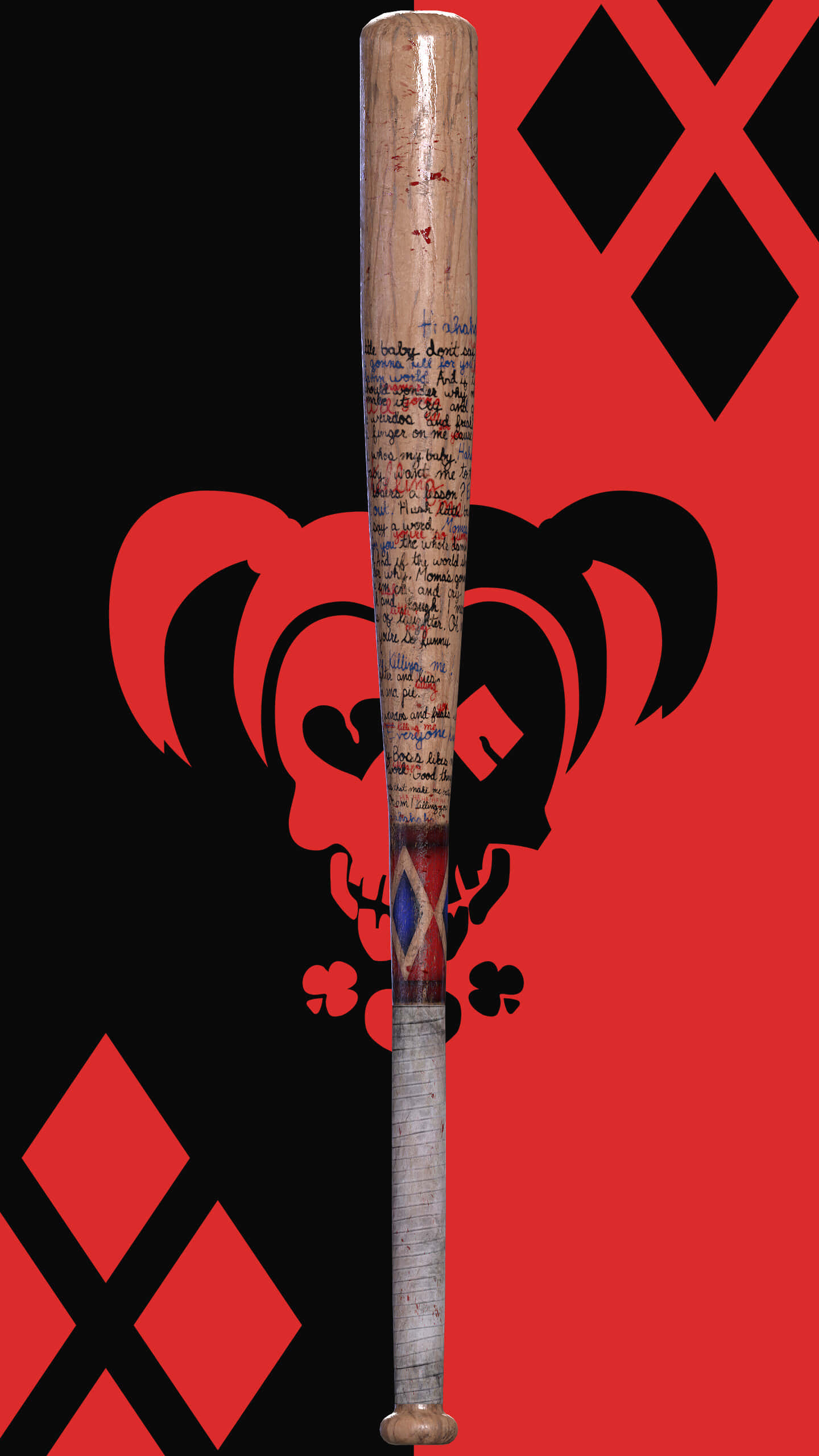 Harley Quinn, baseball bat, red and black Harley Quinn logo, 2K Phone Wallpaper