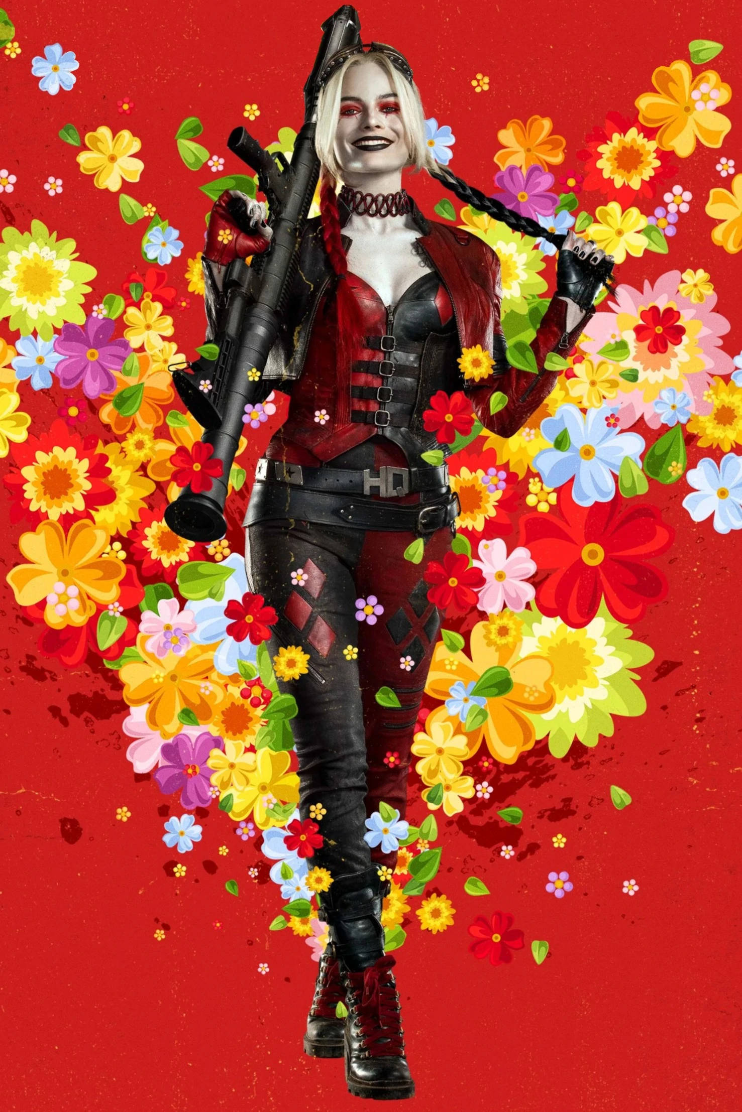 Harley Quinn, floral explosion, bold red background, Full HD Phone Wallpaper