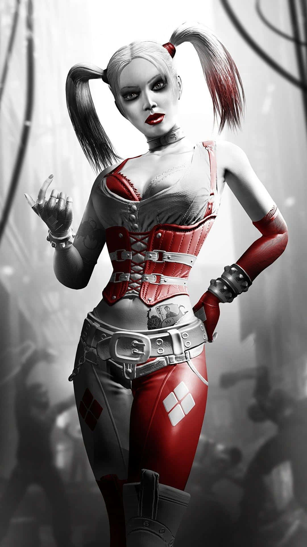 Harley Quinn, red and grey outfit, pigtails, Full HD Phone Wallpaper