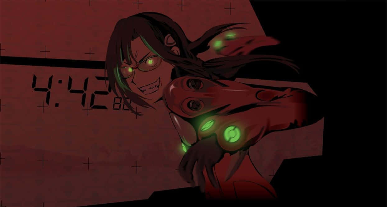 Mari Illustrious Makinami, glowing green eyes, cybernetic arm, SD Desktop Wallpaper
