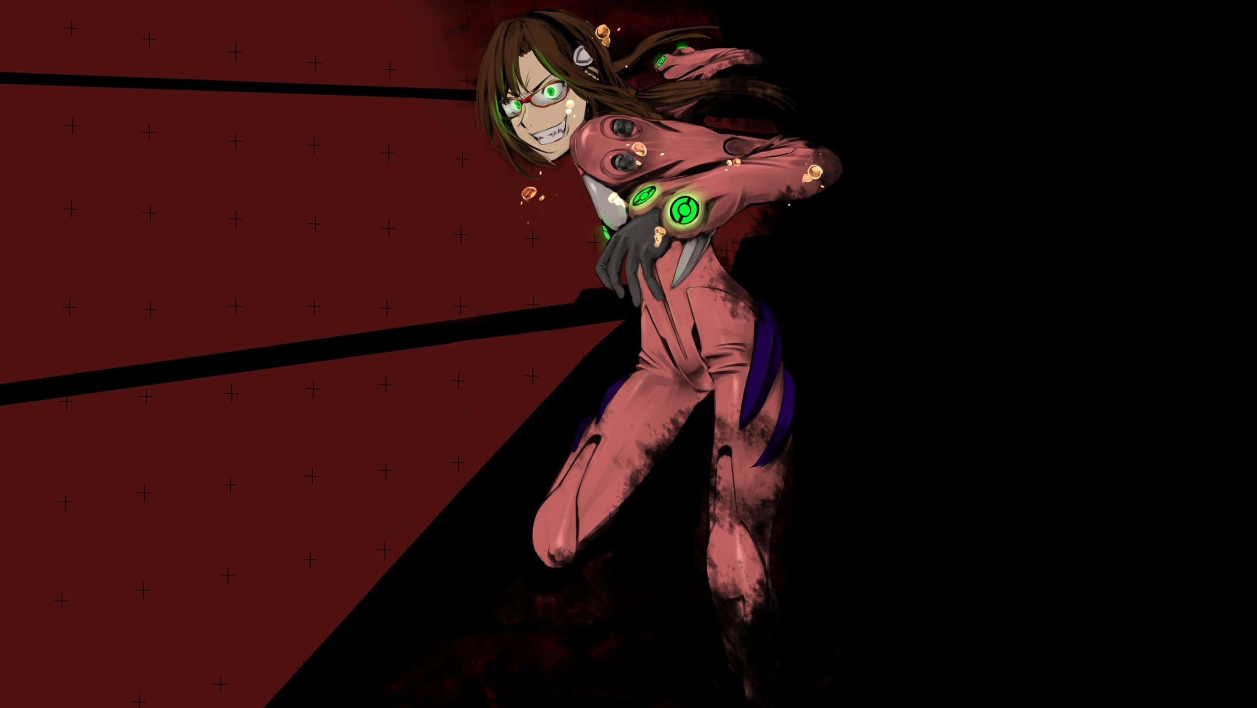 Mari Illustrious Makinami, pink biomechanical suit, glowing green eyes, 2K Desktop Wallpaper