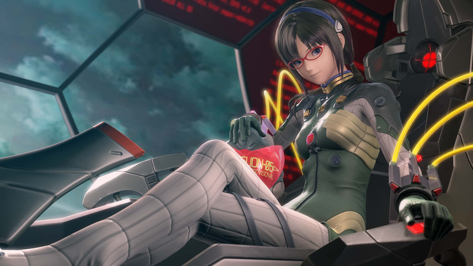 Mari Illustrious Makinami, futuristic cockpit, glowing yellow cables, Full HD Desktop Wallpaper