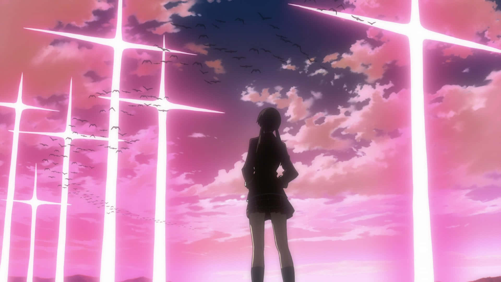 Mari Illustrious Makinami, surreal pink sky, glowing vertical beams, Full HD Desktop Wallpaper