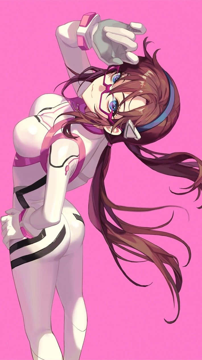 Mari Illustrious Makinami, white and pink futuristic suit, solid pink background, SD Phone Wallpaper