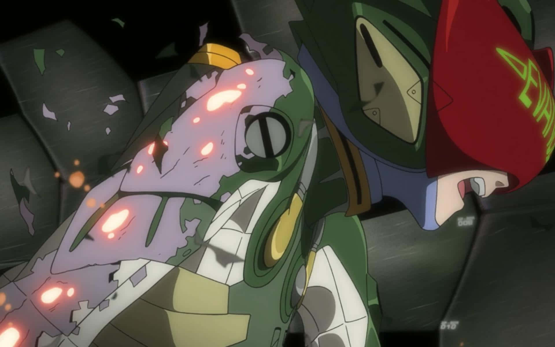Mari Illustrious Makinami, green and white mech, glowing orange lights, Full HD Desktop Wallpaper