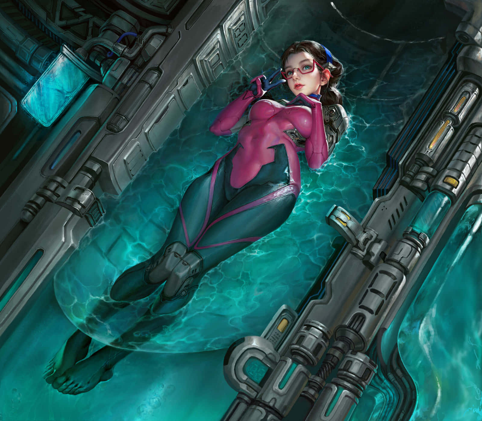 Mari Illustrious Makinami, pink and black suit, glowing teal water, HD Desktop Wallpaper