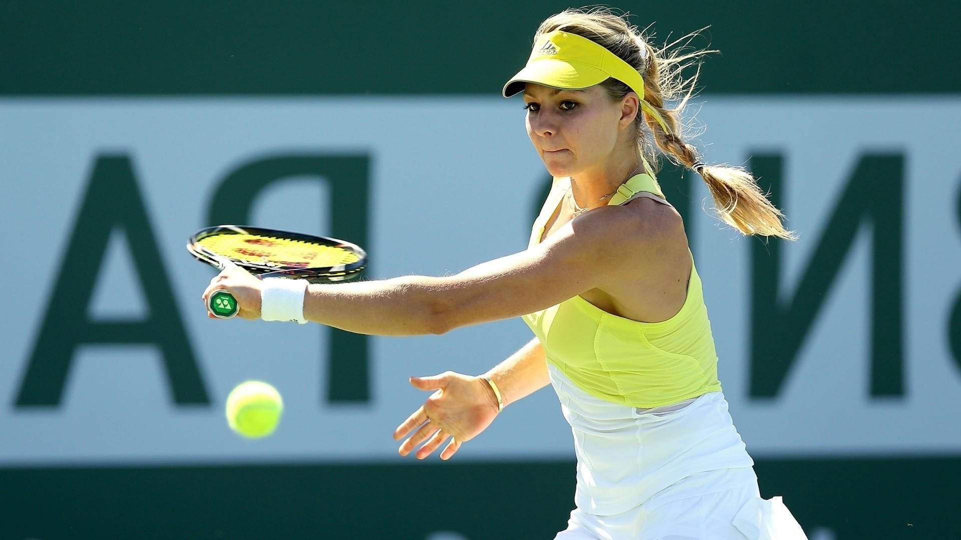 Maria Kirilenko, bright yellow outfit, green court, Full HD Desktop Wallpaper