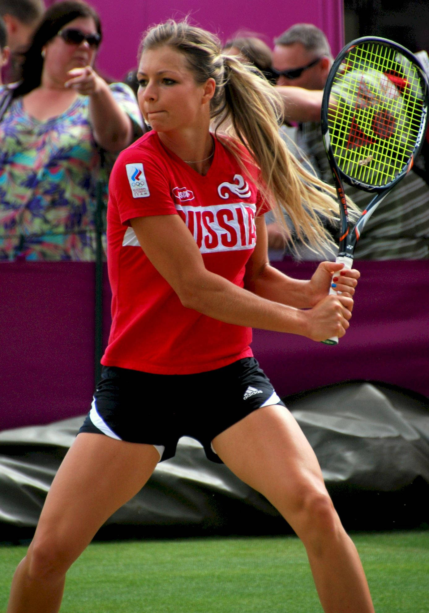 Maria Kirilenko, red Russia jersey, green court, Full HD Phone Wallpaper