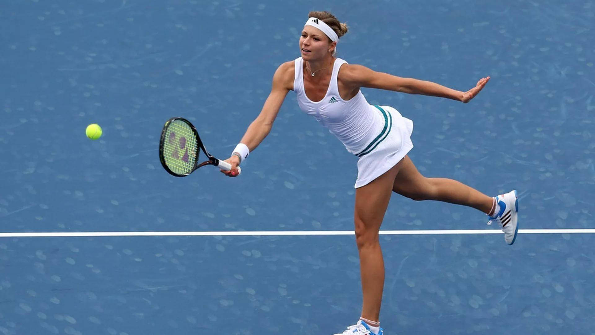 Maria Kirilenko, white gear, yellow ball, Full HD Desktop Wallpaper