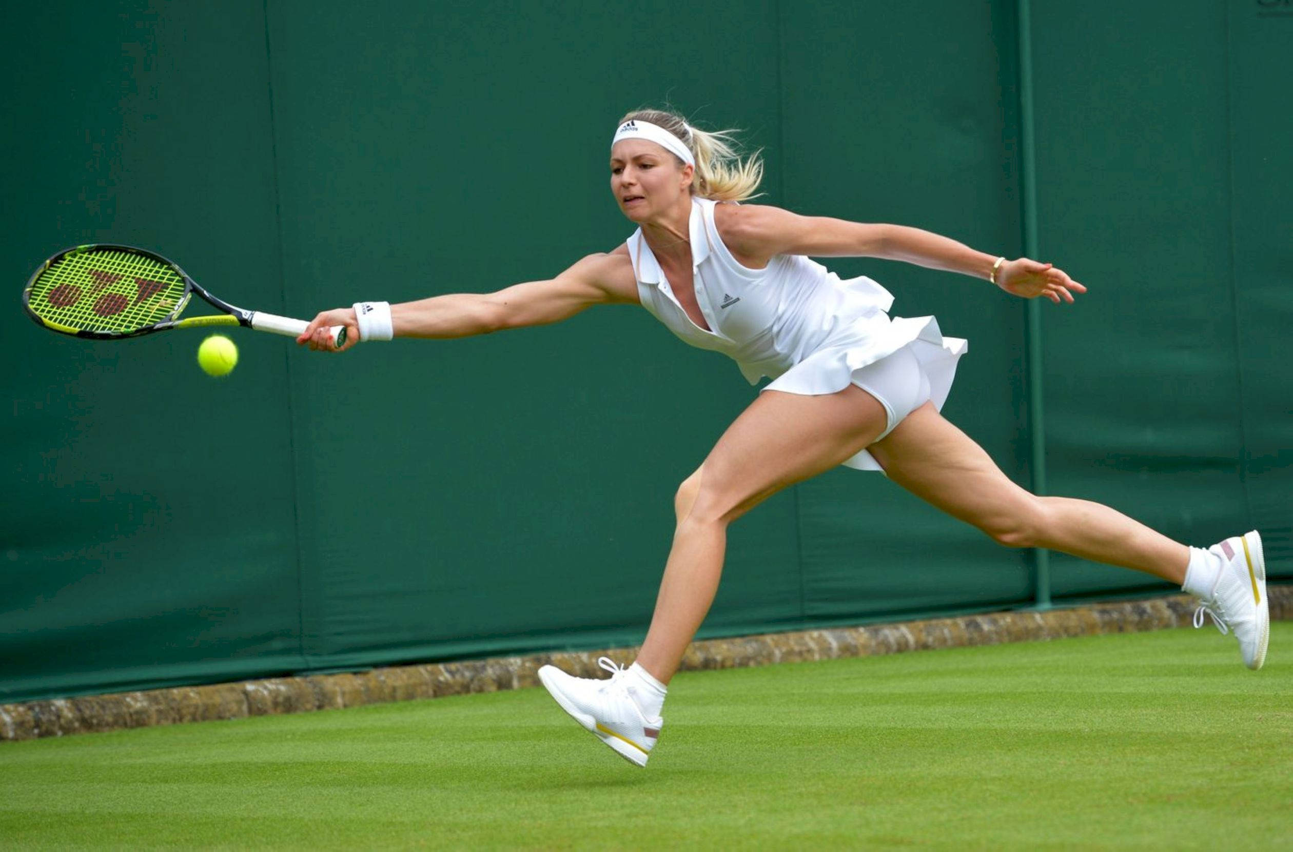 Maria Kirilenko, white attire, yellow ball, Full HD Desktop Wallpaper