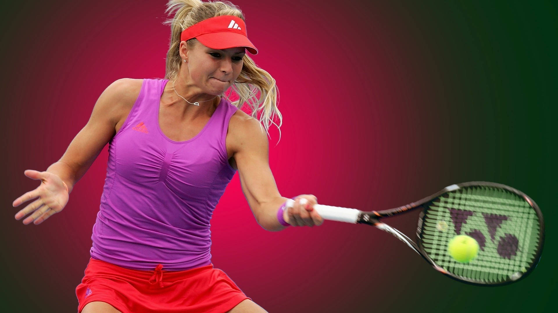 Maria Kirilenko, red gradient background, purple and red gear, Full HD Desktop Wallpaper
