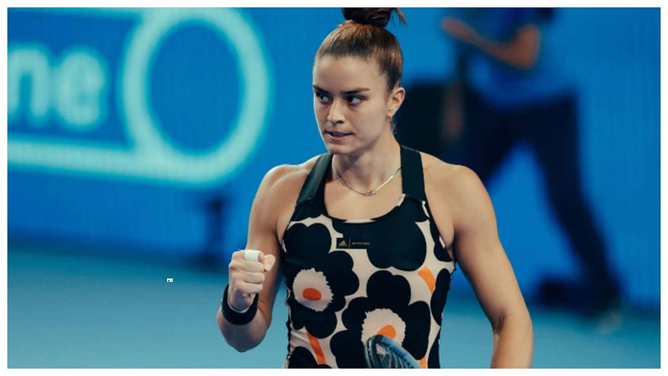 Maria Sakkari, floral dress, blue court, HD Desktop Wallpaper
