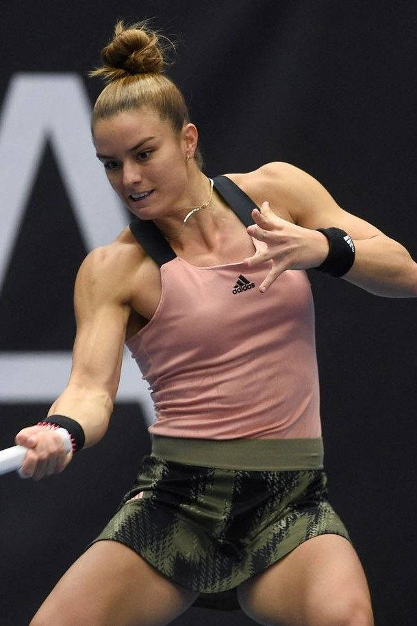 Maria Sakkari, pink tank top, patterned shorts, SD Phone Wallpaper