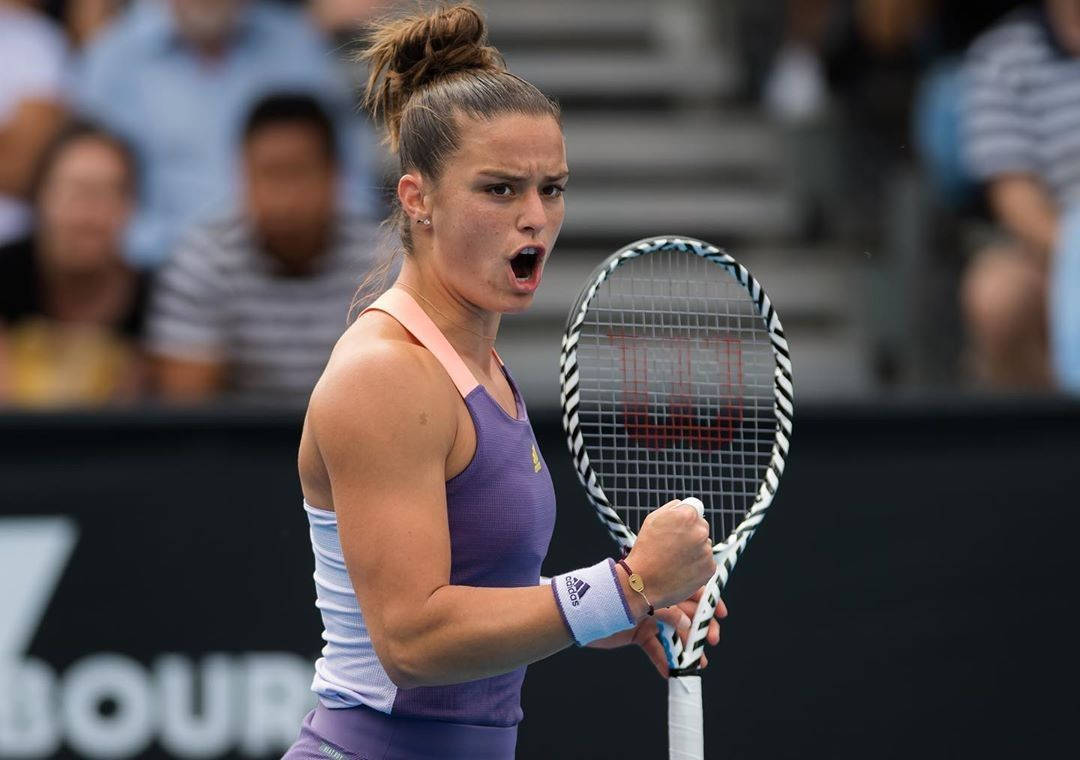 Maria Sakkari, purple outfit, racket, SD Desktop Wallpaper