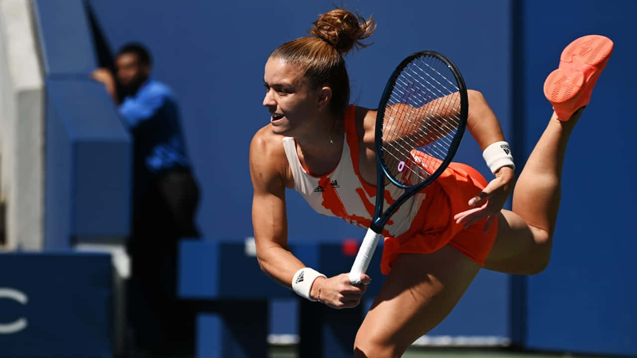 Maria Sakkari, orange gear, racket, HD Desktop Wallpaper