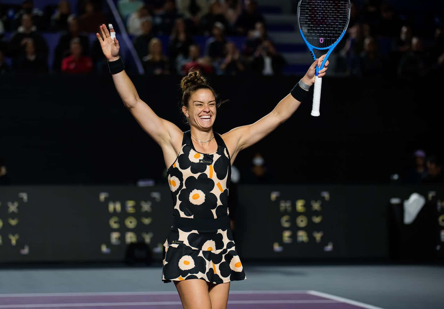 Maria Sakkari, purple court, bright lights, HD Desktop Wallpaper