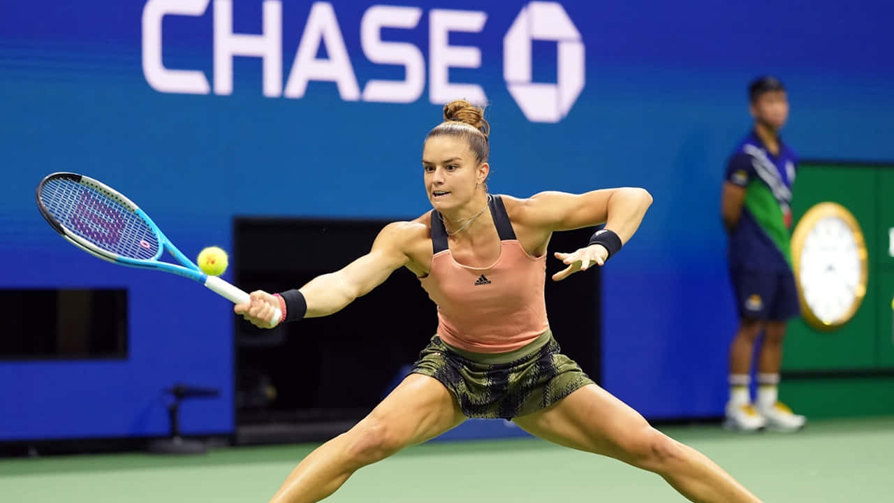 Maria Sakkari, yellow ball, green court, HD Desktop Wallpaper