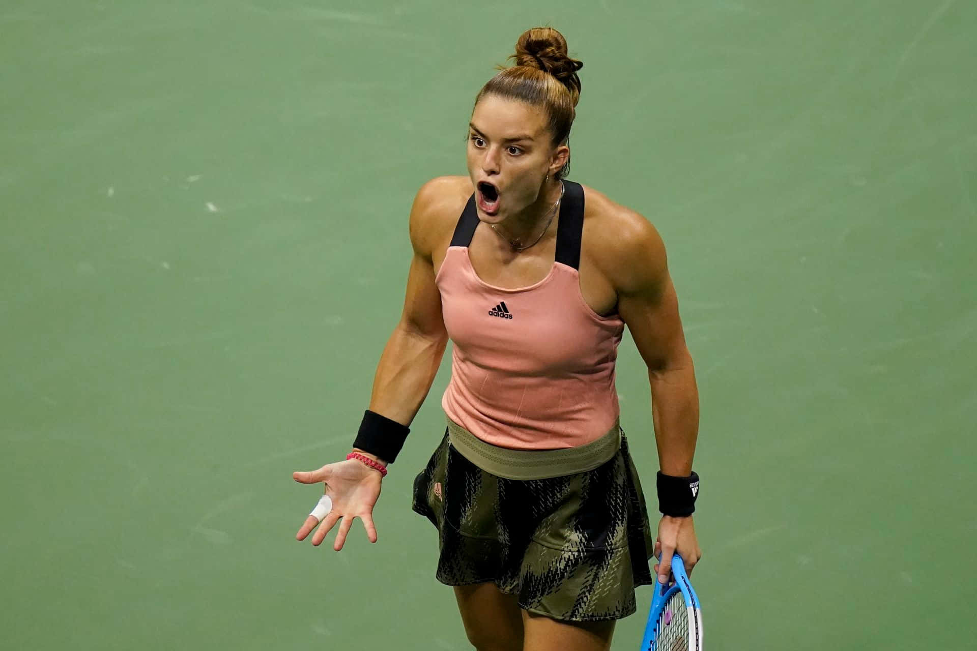 Maria Sakkari, pink top, patterned skirt, Full HD Desktop Wallpaper