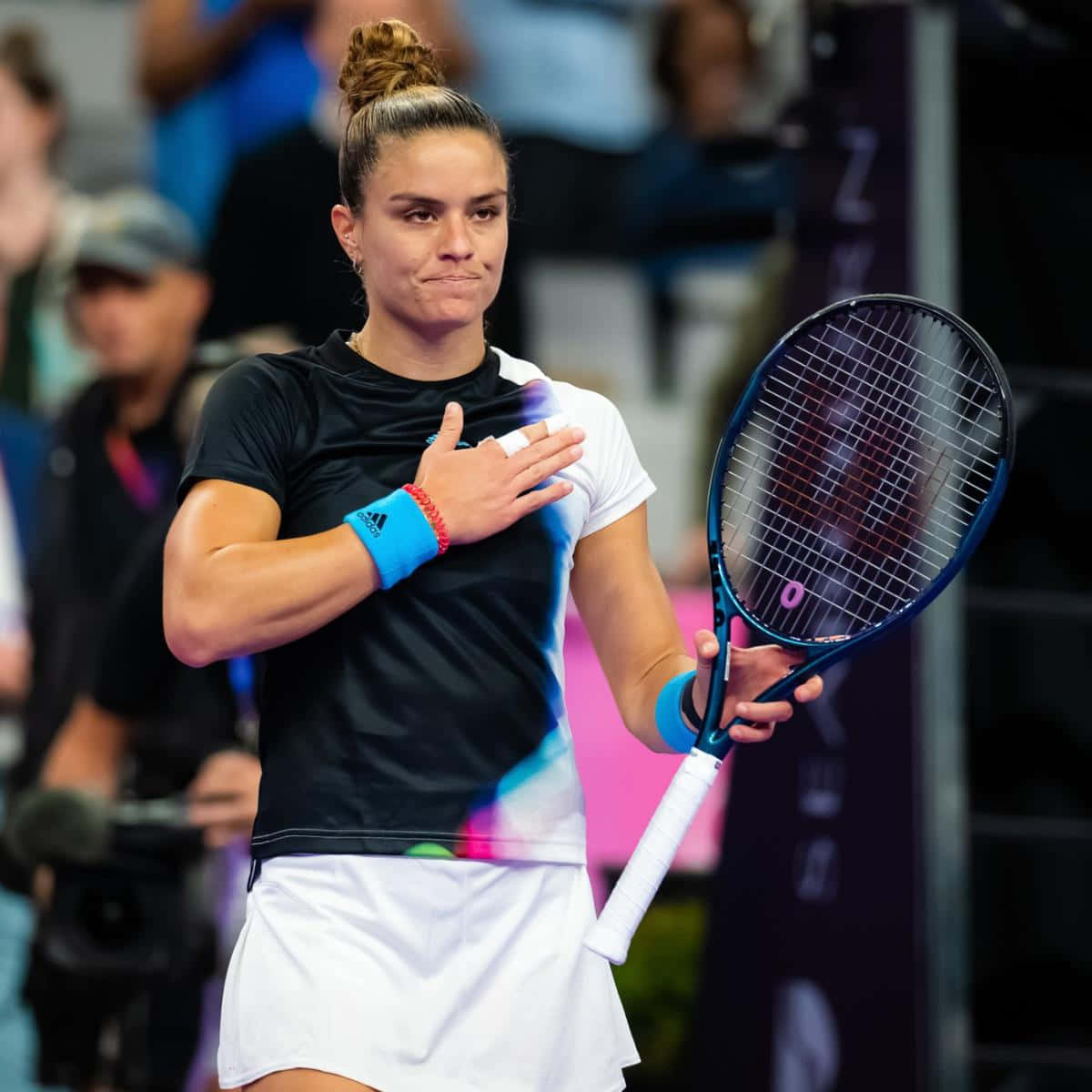 Maria Sakkari, black and white outfit, racket, SD Desktop Wallpaper