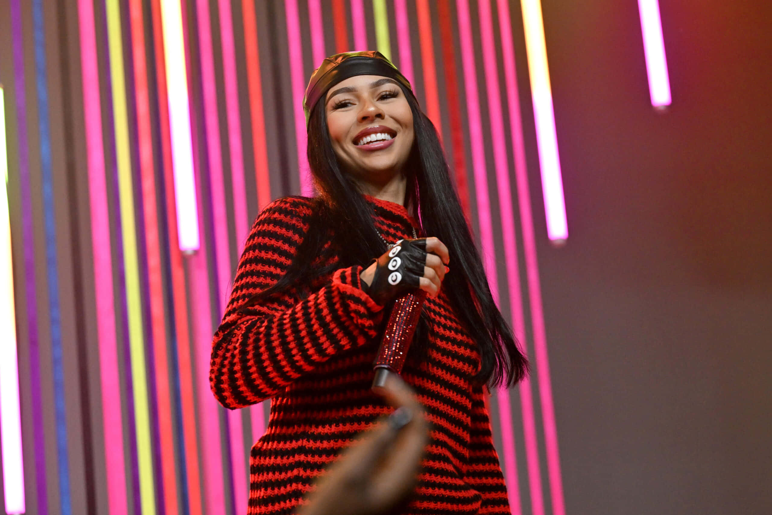Mariah The Scientist, red striped sweater, colorful vertical neon lights, 2K Desktop Wallpaper