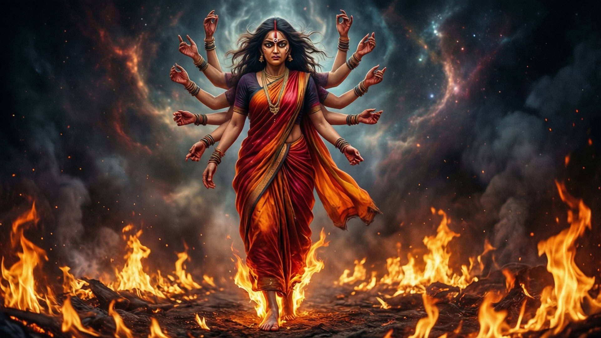 Mariamman, fire, multiple arms, Full HD Desktop Wallpaper