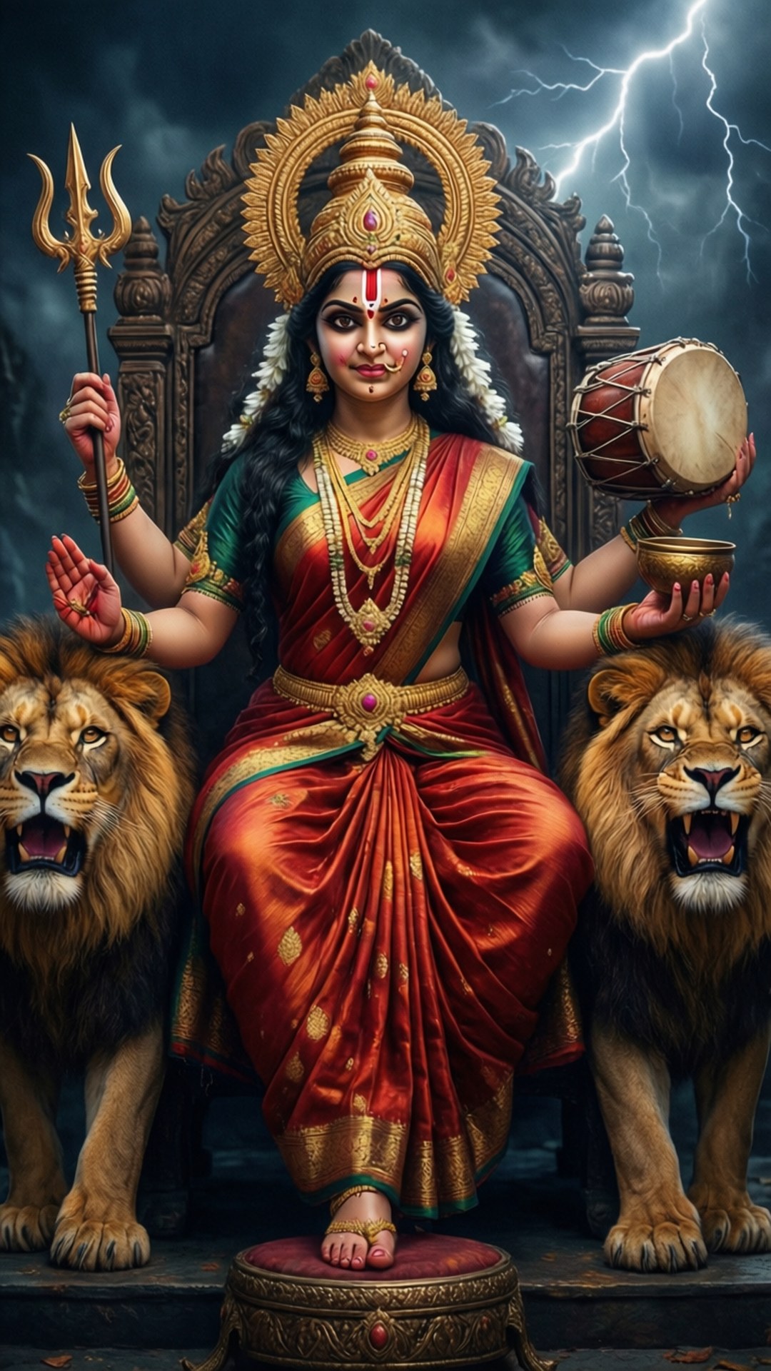 Mariamman, lion throne, weapons, Full HD Phone Wallpaper