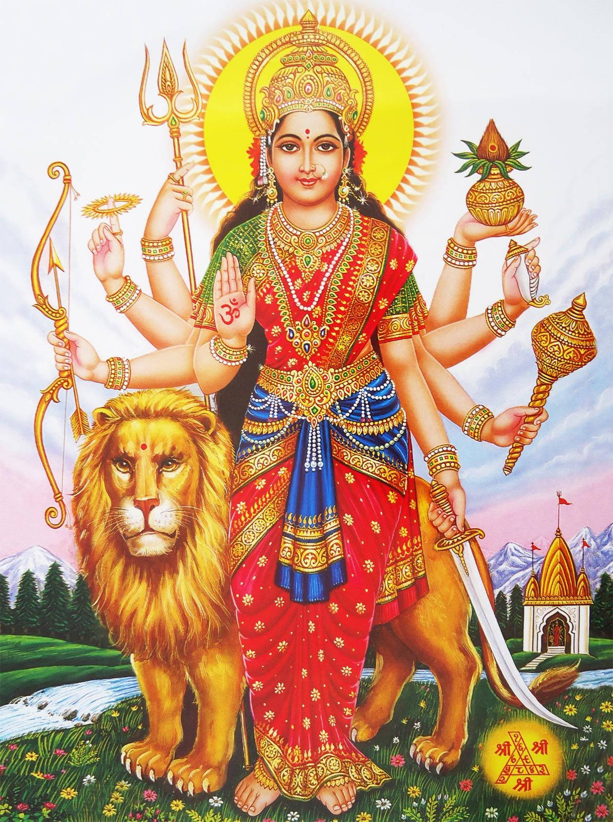 Mariamman, multi-armed Hindu goddess, red and gold attire, HD Phone Wallpaper