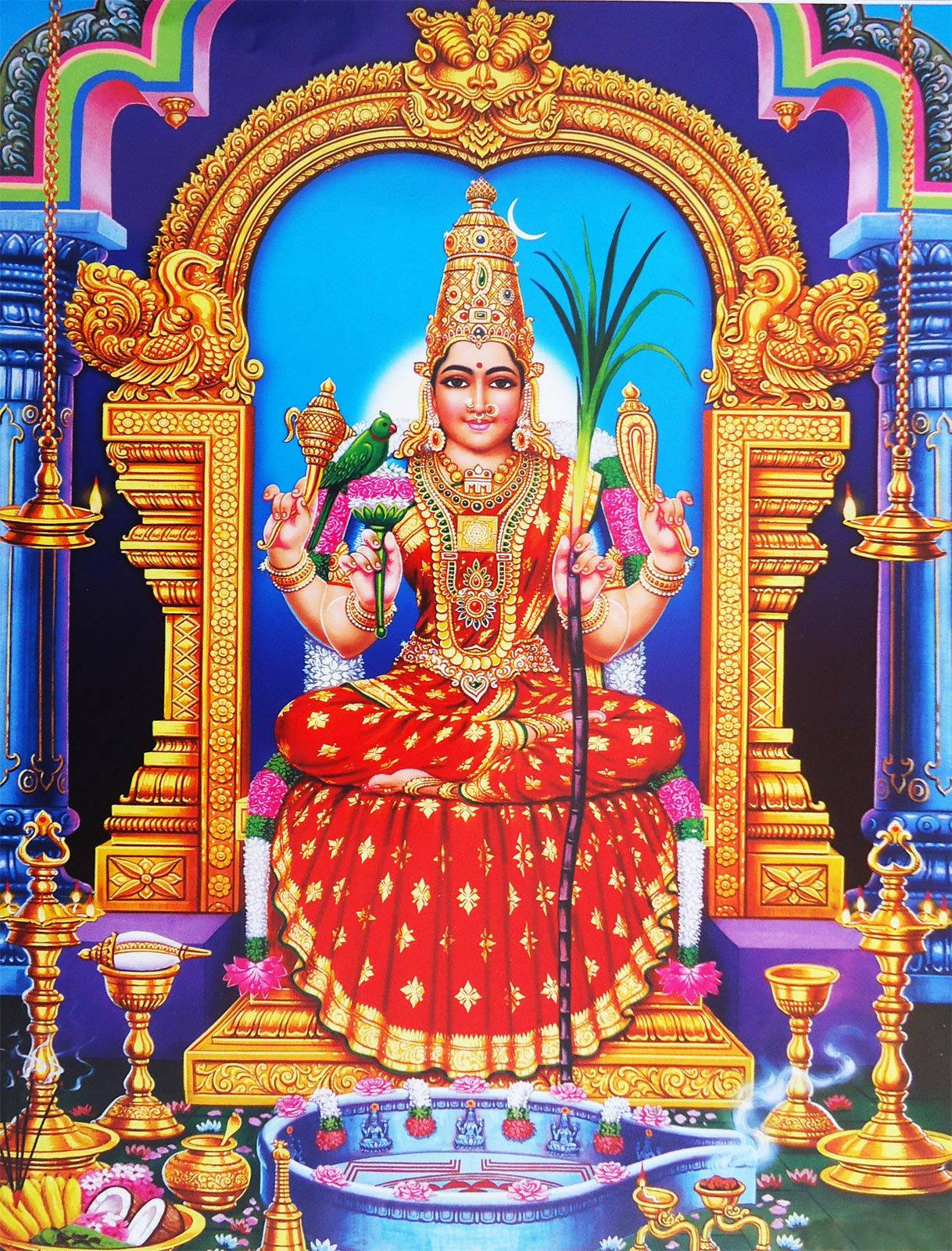 Mariamman, red and gold, throne, HD Phone Wallpaper