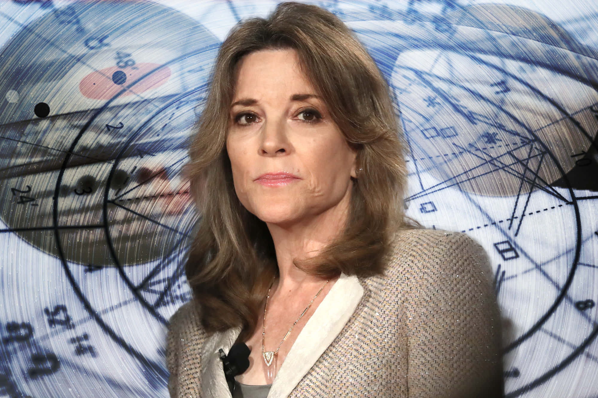 Marianne Williamson, blue and white astrological chart, shoulder-length brown hair, Full HD Desktop Wallpaper