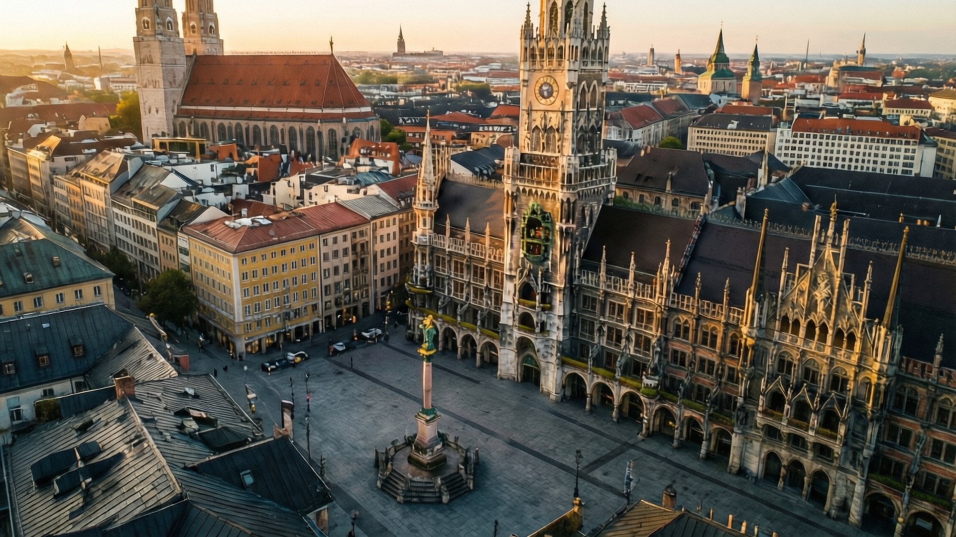 Marienplatz, sunrise, golden light, Full HD Desktop Wallpaper