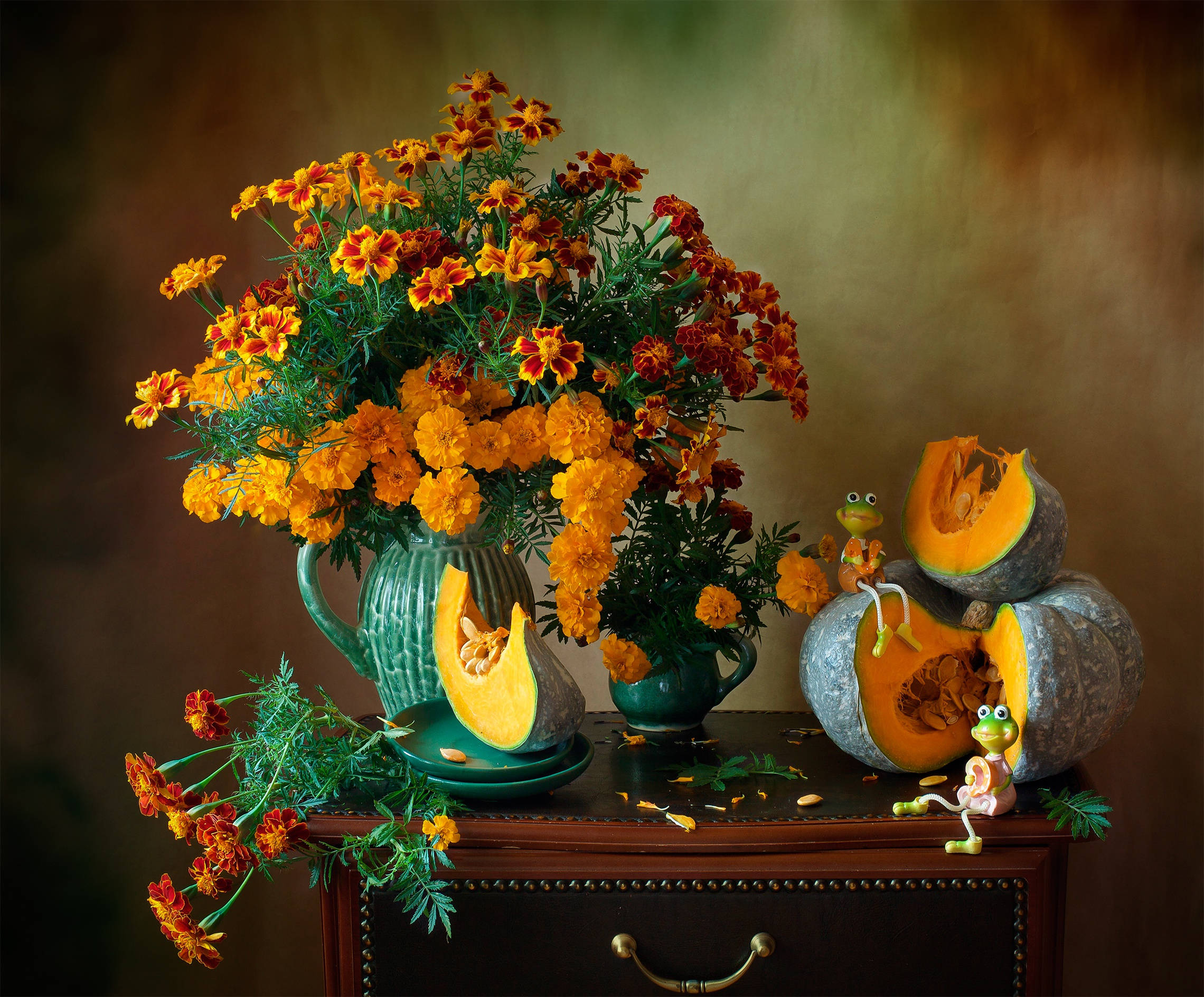 Marigold, Squash, teal vases, Full HD Desktop Wallpaper