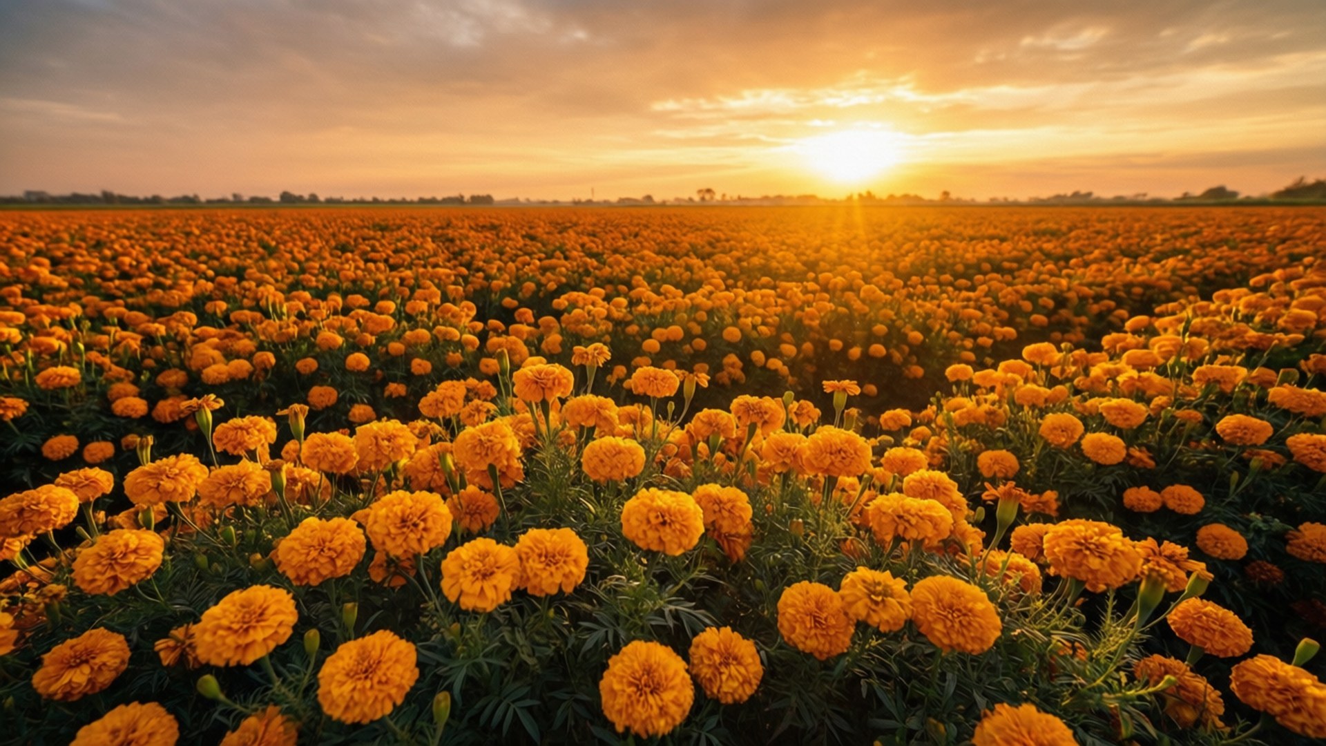 Marigold Field, sunset, golden rays, Full HD Desktop Wallpaper