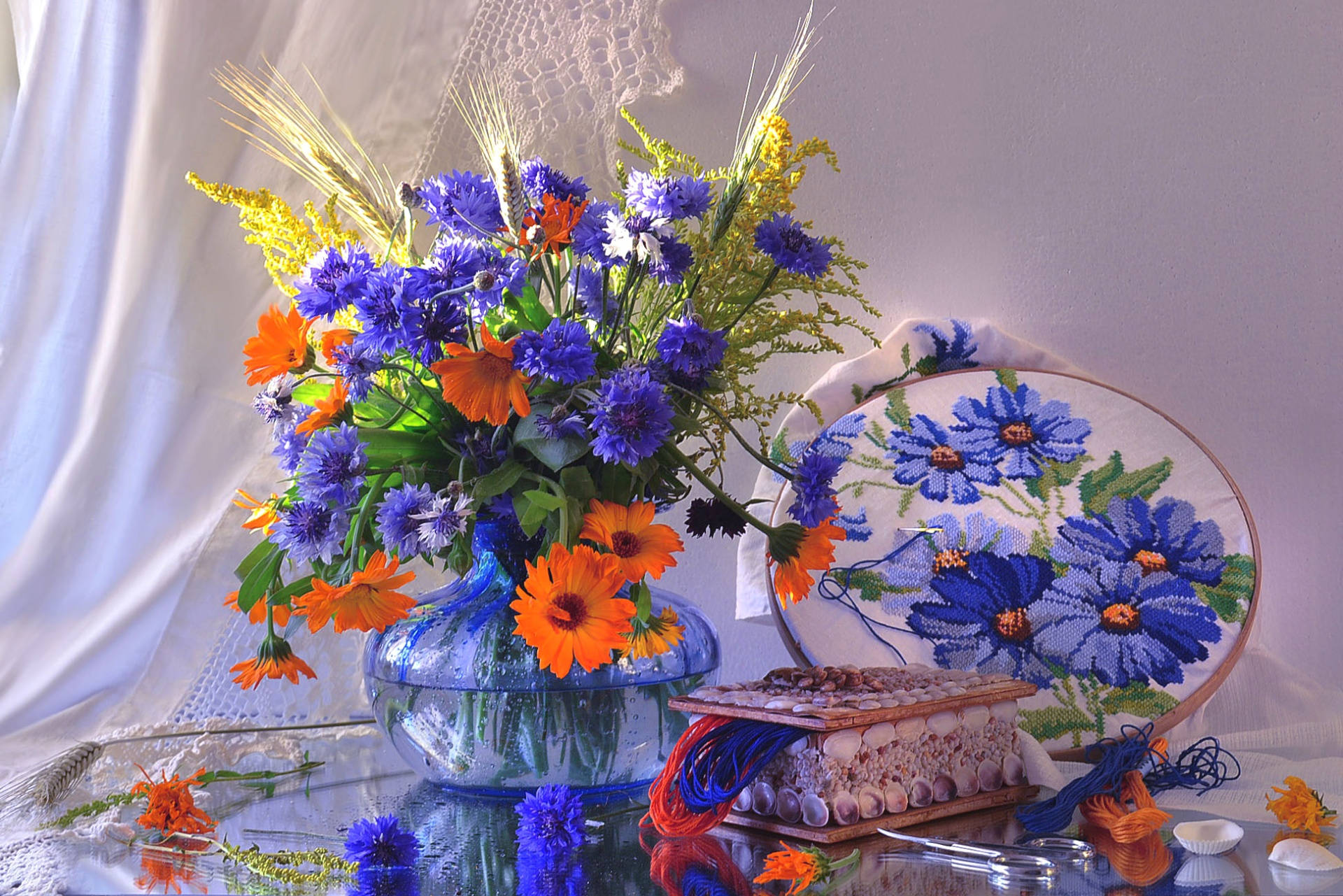 marigold, cornflower, blue glass vase, Full HD Desktop Wallpaper