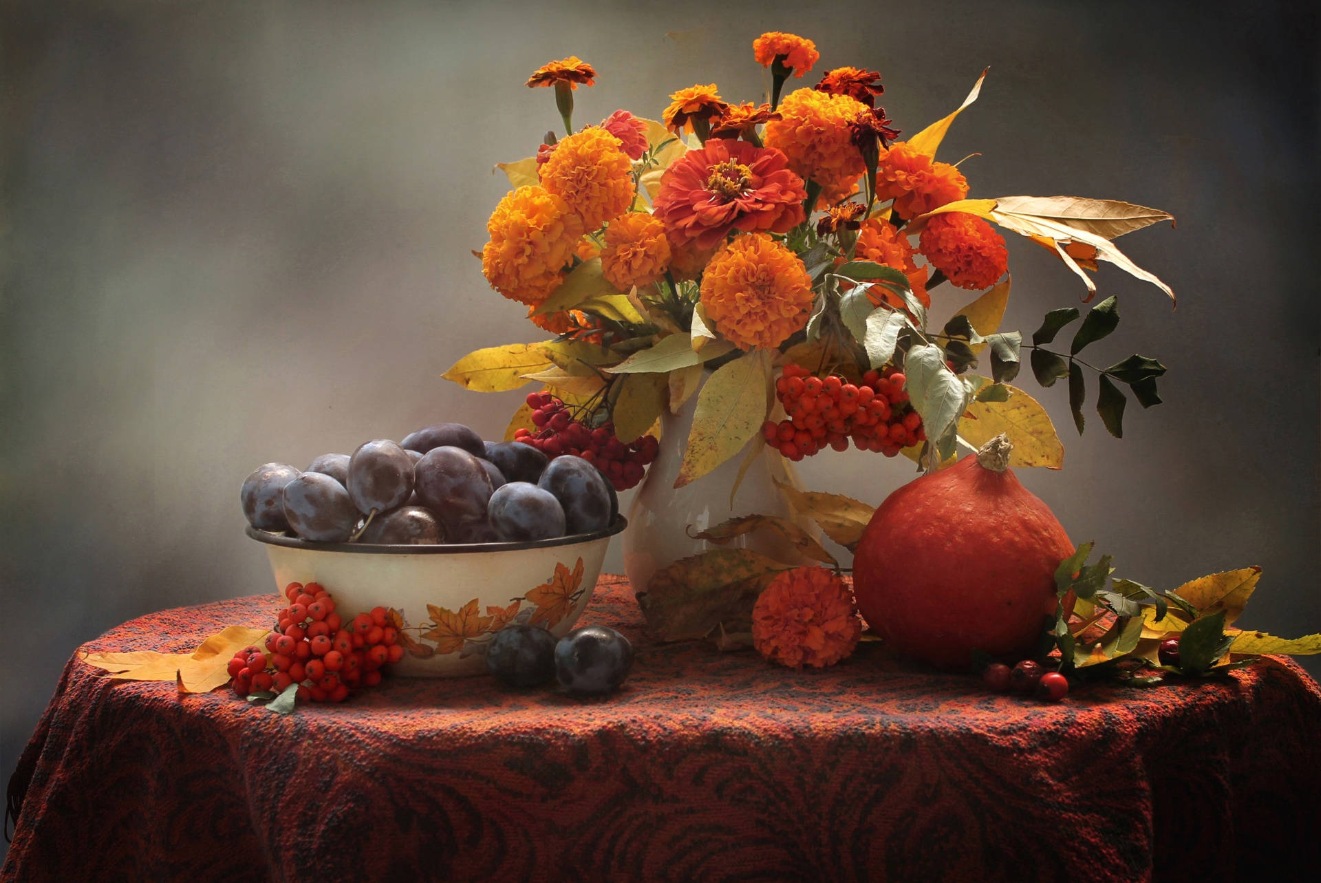 marigold flowers, autumn still life, plums, Full HD Desktop Wallpaper