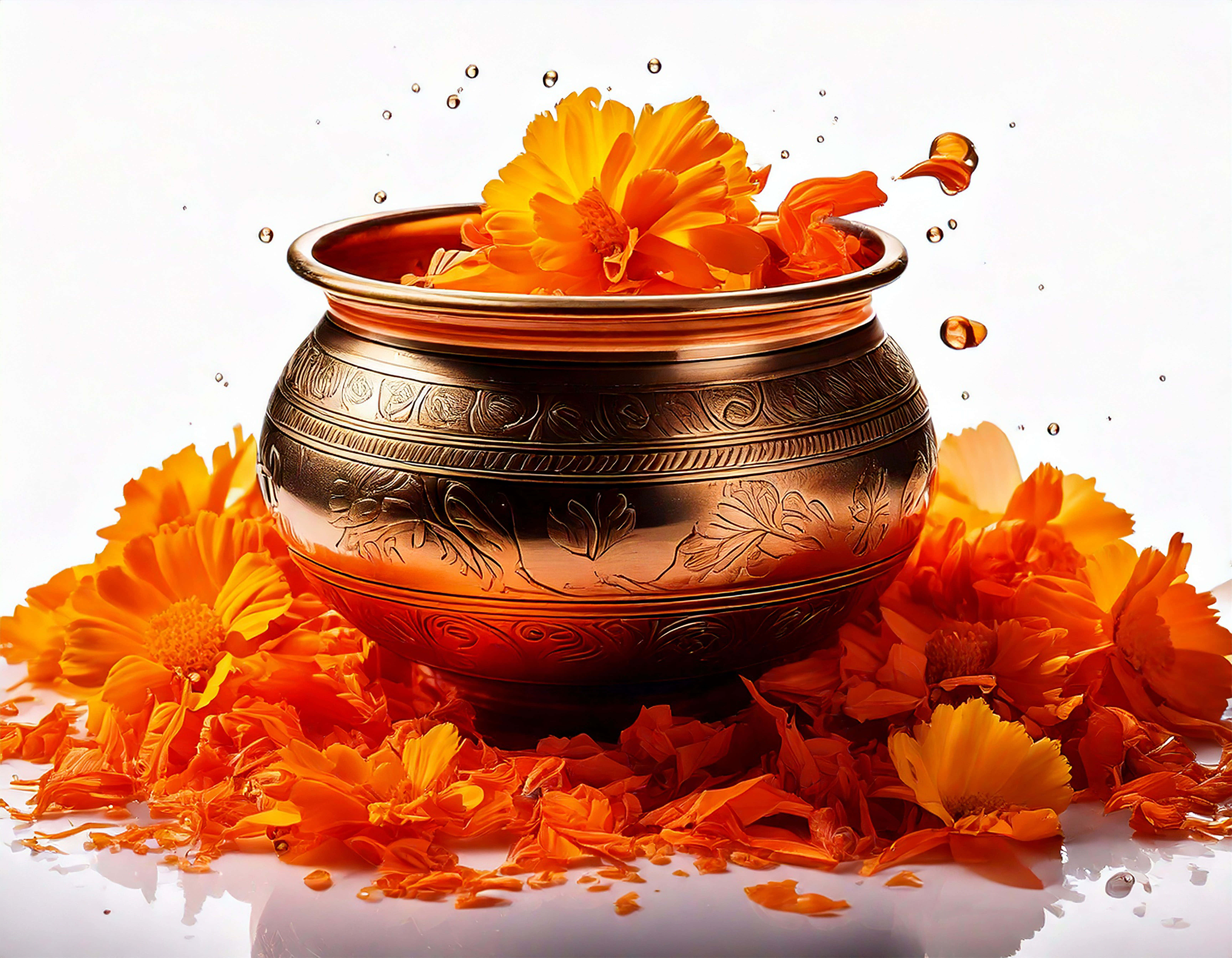 copper pot, floral engravings, vibrant orange marigolds, 5K Desktop Wallpaper