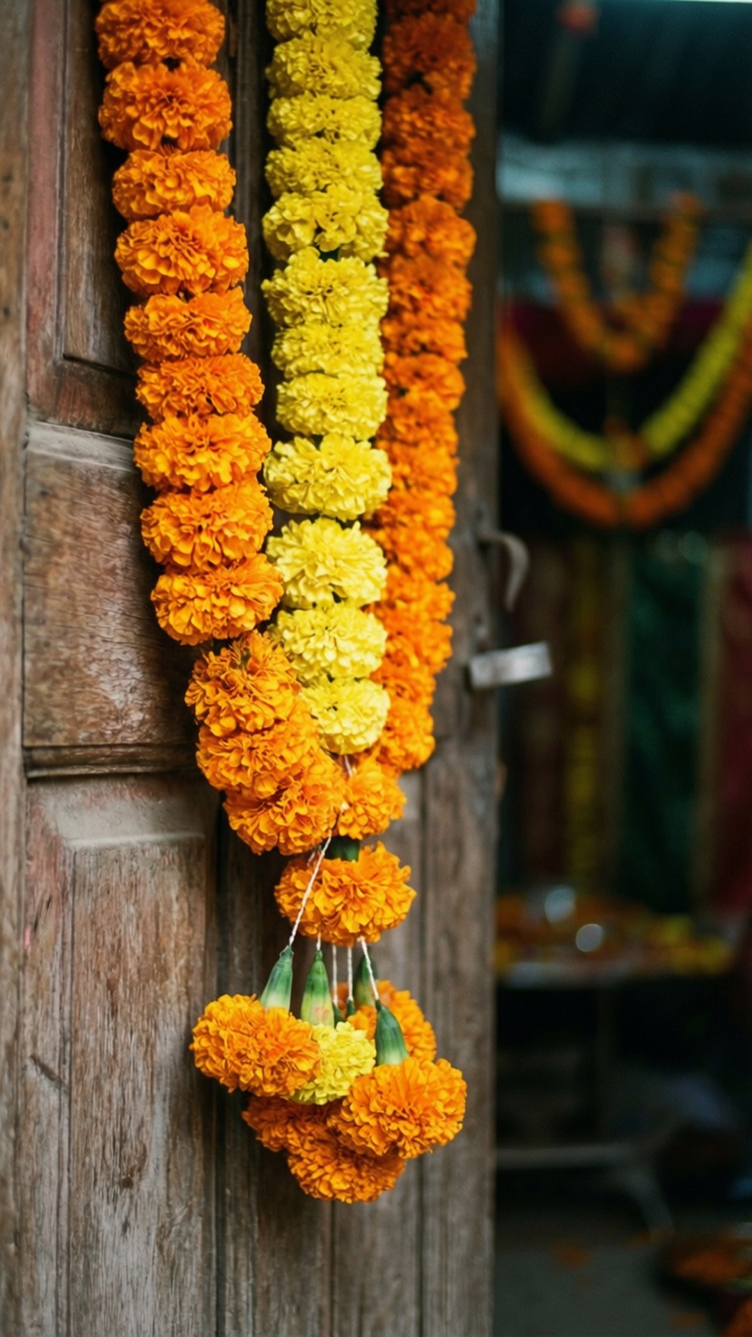 festive marigold garland, orange, yellow, Full HD Phone Wallpaper