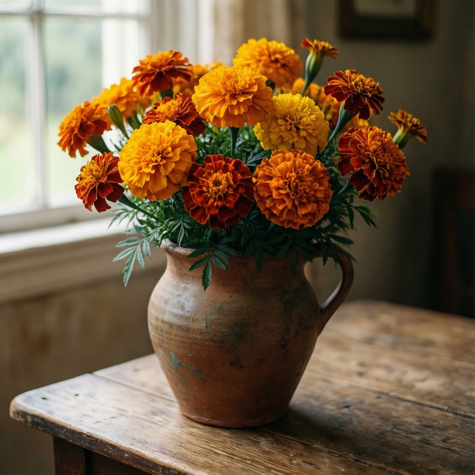 rustic marigold vase, marigolds, terracotta jug, HD Desktop Wallpaper