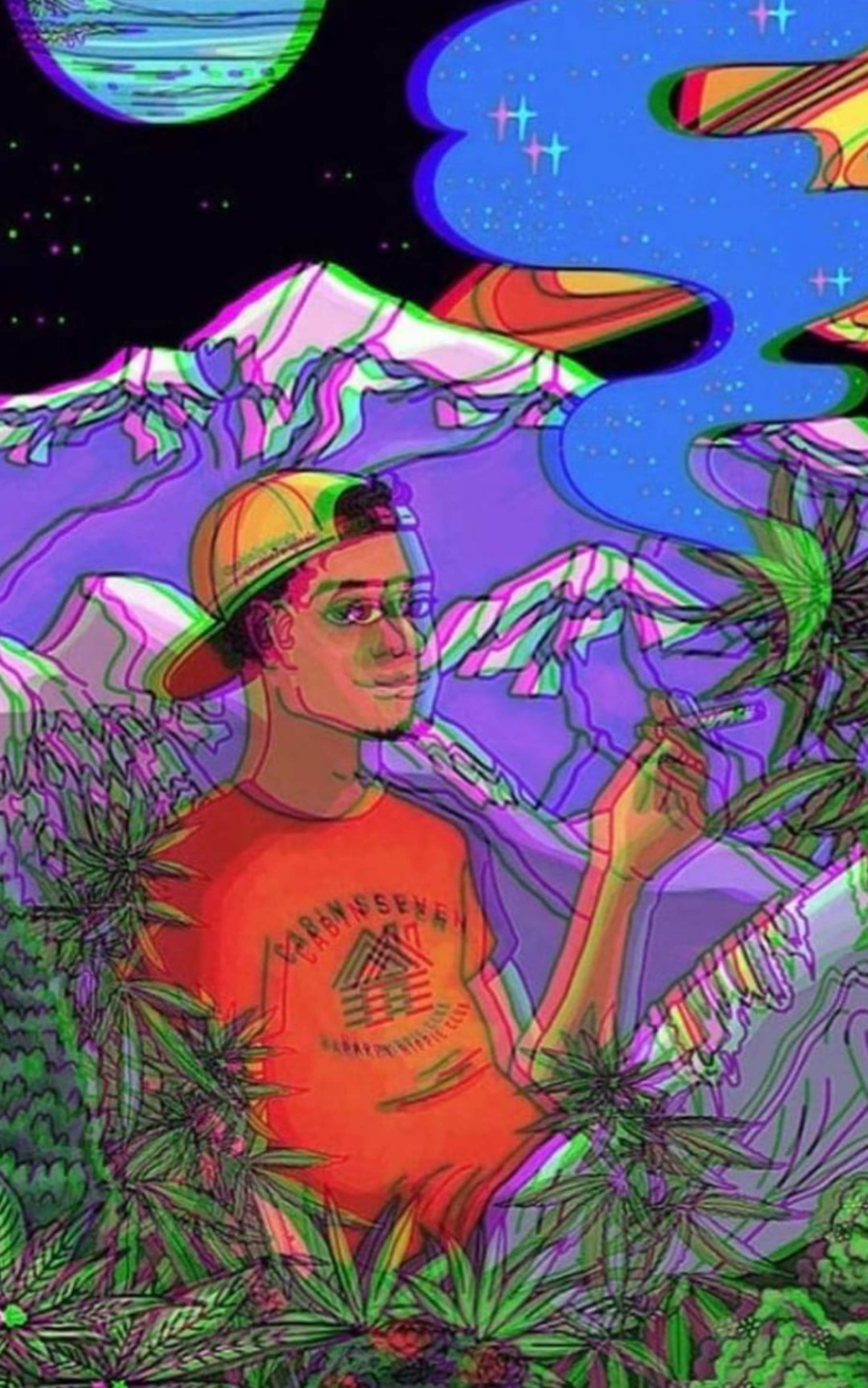 Stoner Smoking Weed Popart, joint, glowing purple mountains, 2K Phone Wallpaper
