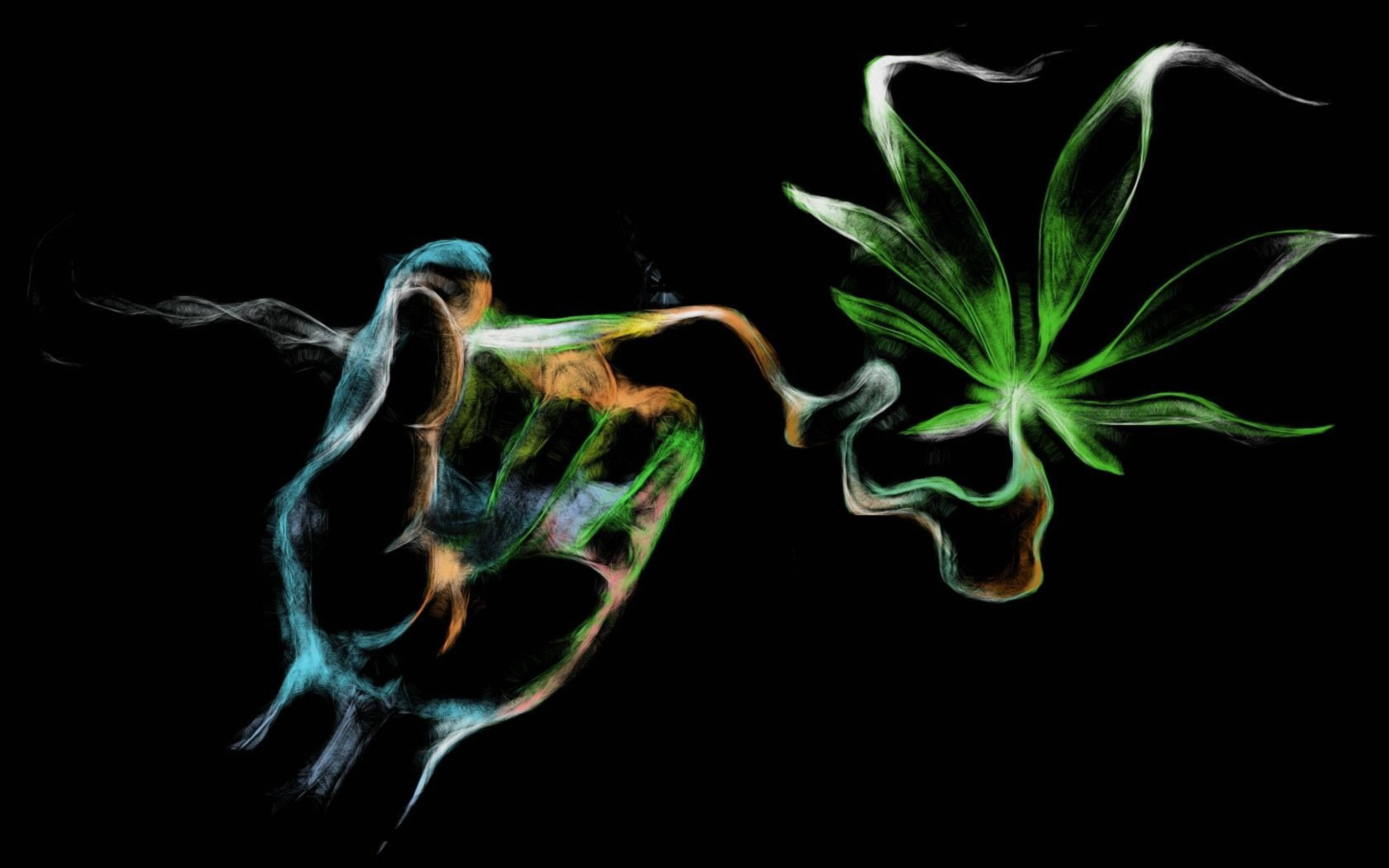 glowing hand, vibrant smoke, luminous green cannabis leaf, 2K Desktop Wallpaper
