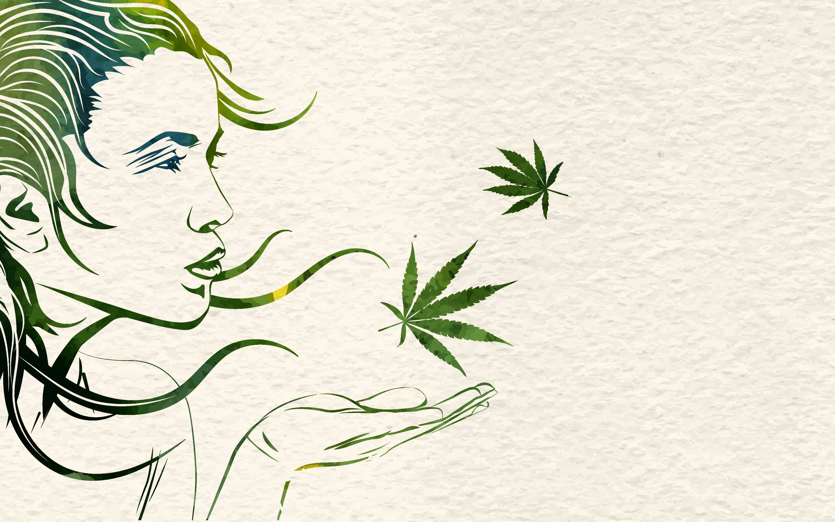 cannabis leaves, stylized woman, outstretched hand, 2K Desktop Wallpaper
