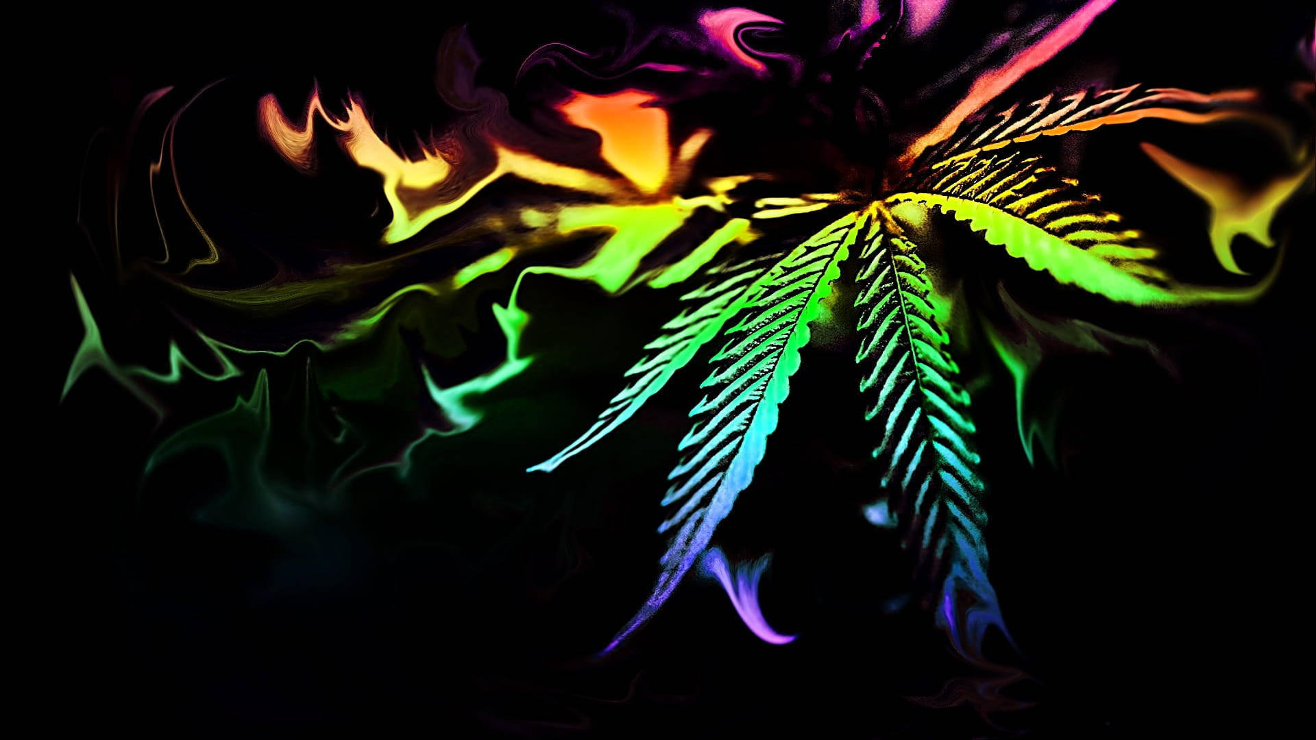 neon cannabis leaf, vibrant rainbow hues, swirling dark background, Full HD Desktop Wallpaper
