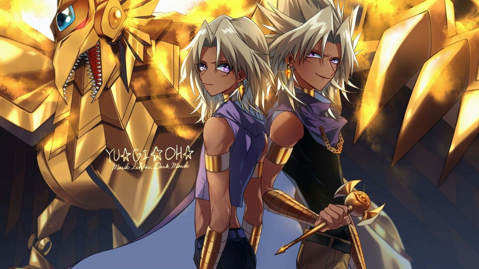Marik Ishtar, golden armored dragon, fiery backdrop, HD Desktop Wallpaper
