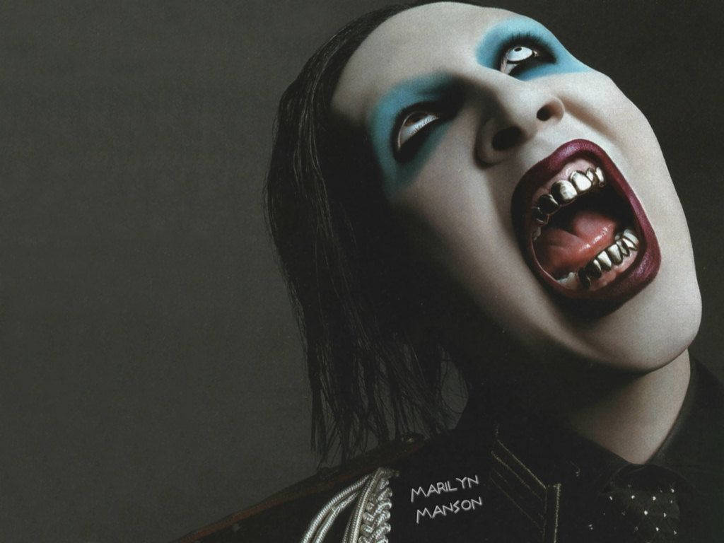 Marilyn Manson, blue eye makeup, red lips, SD Desktop Wallpaper