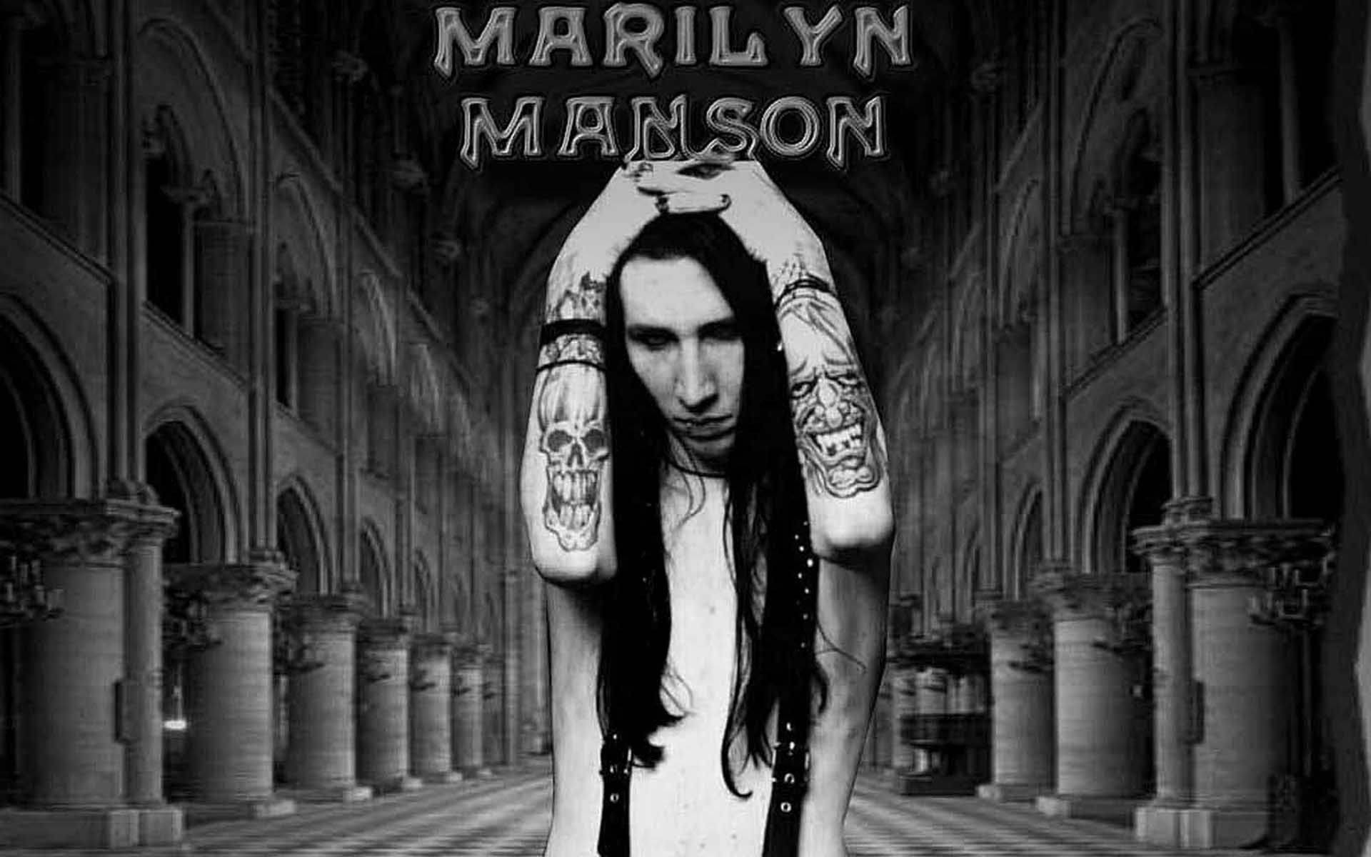 Marilyn Manson, gothic cathedral aisle, skull tattoos, Full HD Desktop Wallpaper